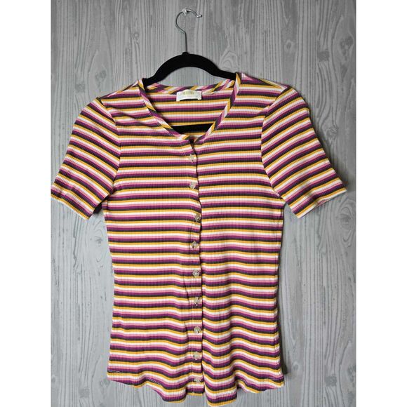 Maeve Anthropologie Striped Button Front Top Women’s Medium Ribbed Tencel Retro - Picture 1 of 5